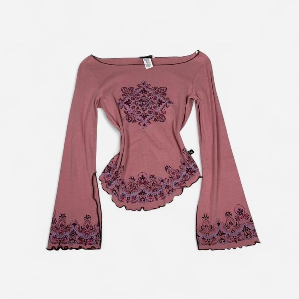 Vintage y2k Self Esteem pink boho fairy bell long sleeve sparkly paisley top